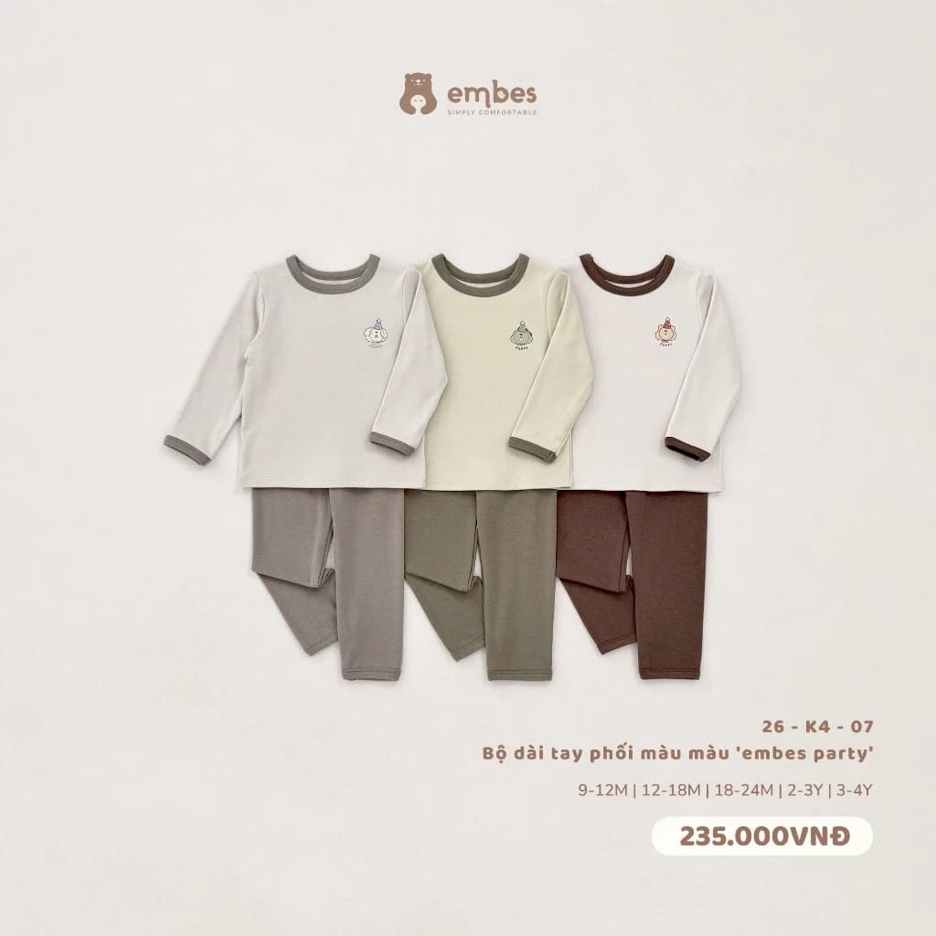 Đồ Bộ Cho Bé Trai Embes, Bộ Thu Đông Dài Tay Phối Màu Chất Cotton Mềm Mại Cho Bé Trai Size Từ 8-18kg