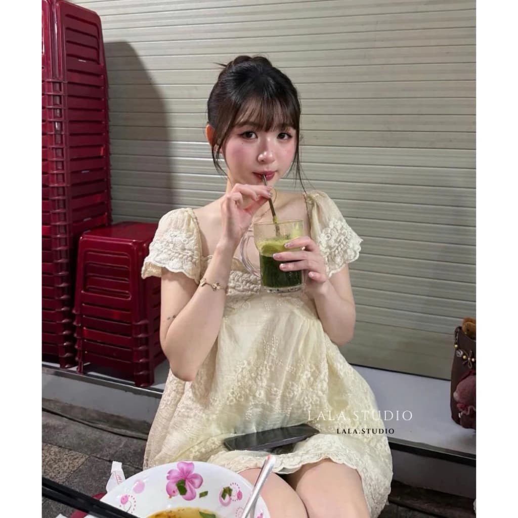Belly dress•LALASTUDIO• Váy tơ thêu cổ vuông cúp ngực tay bồng dáng baby doll cao cấp tiểu thư sang chảnh