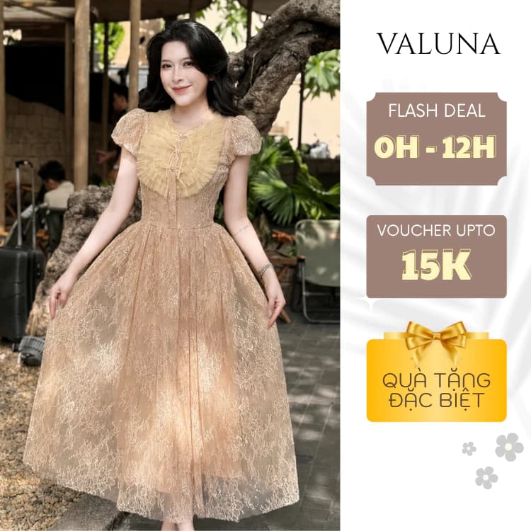 Đầm ren nữ dáng dài công chúa cổ bèo tay phồng sang trọng dự tiệc cao cấp VALUNA STORE 2697
