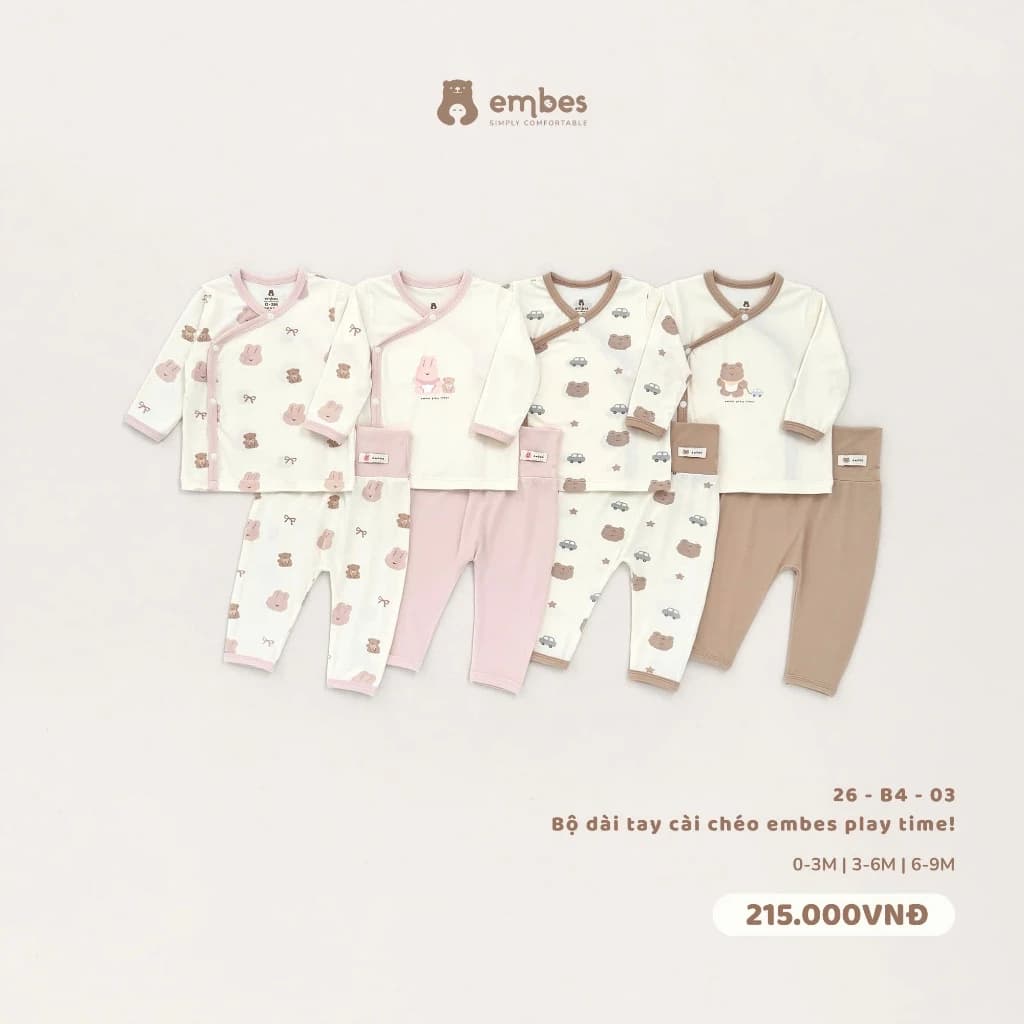 Bộ Sơ Sinh Embes, Bộ Dài Tay Cài Chéo In Họa Tiết Chất Viscose Mềm Mại Cho Bé Sơ Sinh Từ 0-9 Tháng