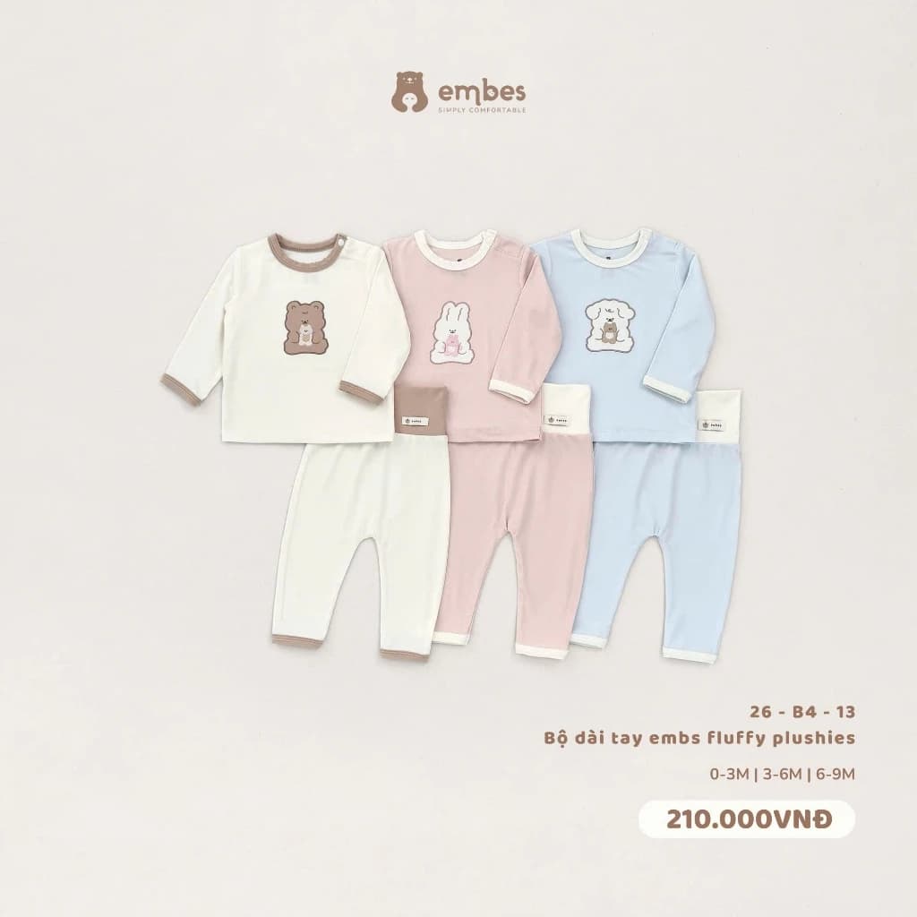 Bộ Sơ Sinh Embes, Bộ Dài Tay Ngực Thêu Hình Cạp Cao Chất Viscose Mềm Mại Cho Sơ Sinh Từ 0-9 Tháng