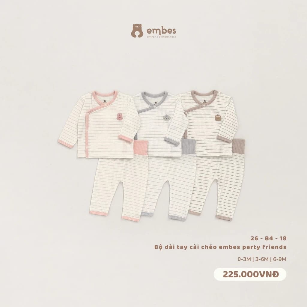 Bộ Sơ Sinh Embes, Bộ Dài Tay Cài Chéo Kẻ Ngang Chất Rayon Mỏng, Mềm Mại Cho Bé Sơ Sinh Từ 0-9Tháng