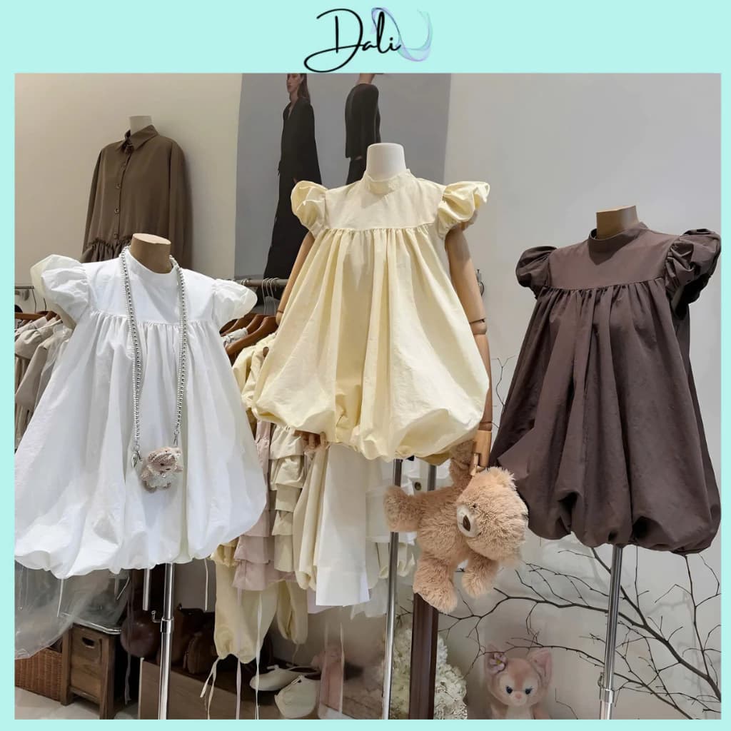 Váy Babydoll Cổ Trụ Tay Hến Phồng Dáng Bí Chất Liệu Gió Nhăn