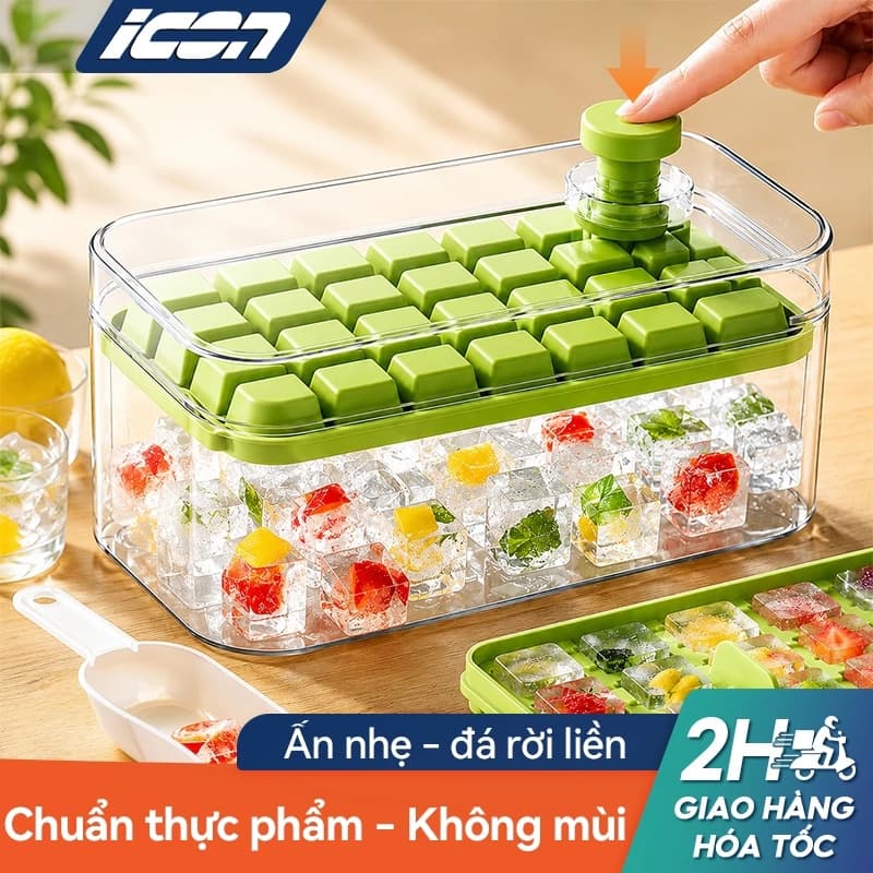 Khay Làm Đá ICON 2 Tầng 56 Viên Thông Minh-Nhấn Nút Lấy Đá Dễ Dàng-Chất Liệu Cấp Thực Phẩm An Toàn
