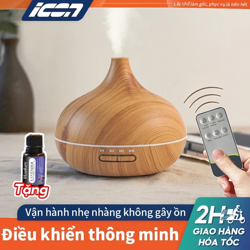 Máy Xông Tinh Dầu ICON - Vân Gỗ, Đèn LED 7 Màu, Remote Điều Khiển, Tự Ngắt Khi Hết Nước