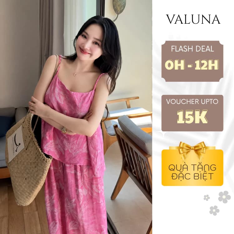 Set hai dây hoa hồng kèm quần suông nữ chất tơ mềm mặc đi biển resort cao cấp VALUNA STORE 2700