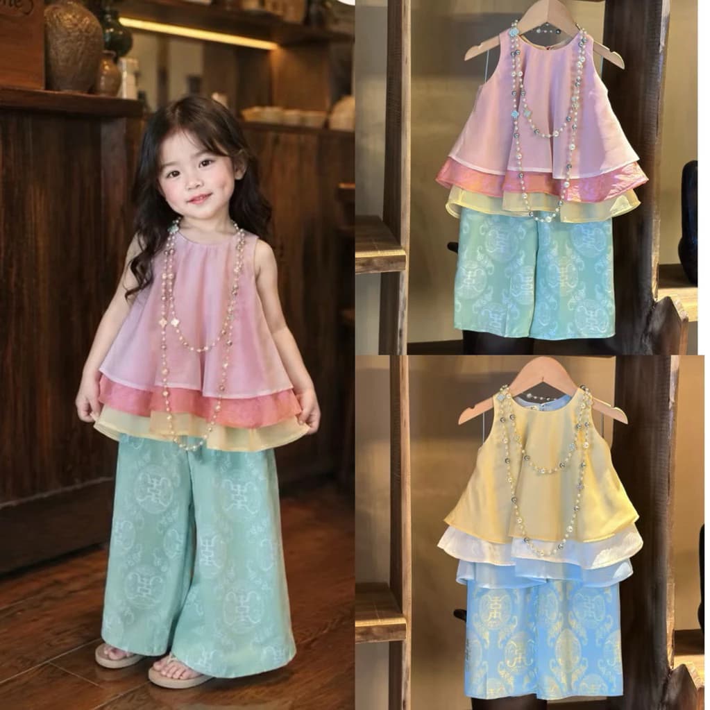 Sét đồ trung thu cho bé gái áo 3 lớp quần gấm sz 10-30kg, sét yếm trung thu gái áo+quần chất gấm lụa