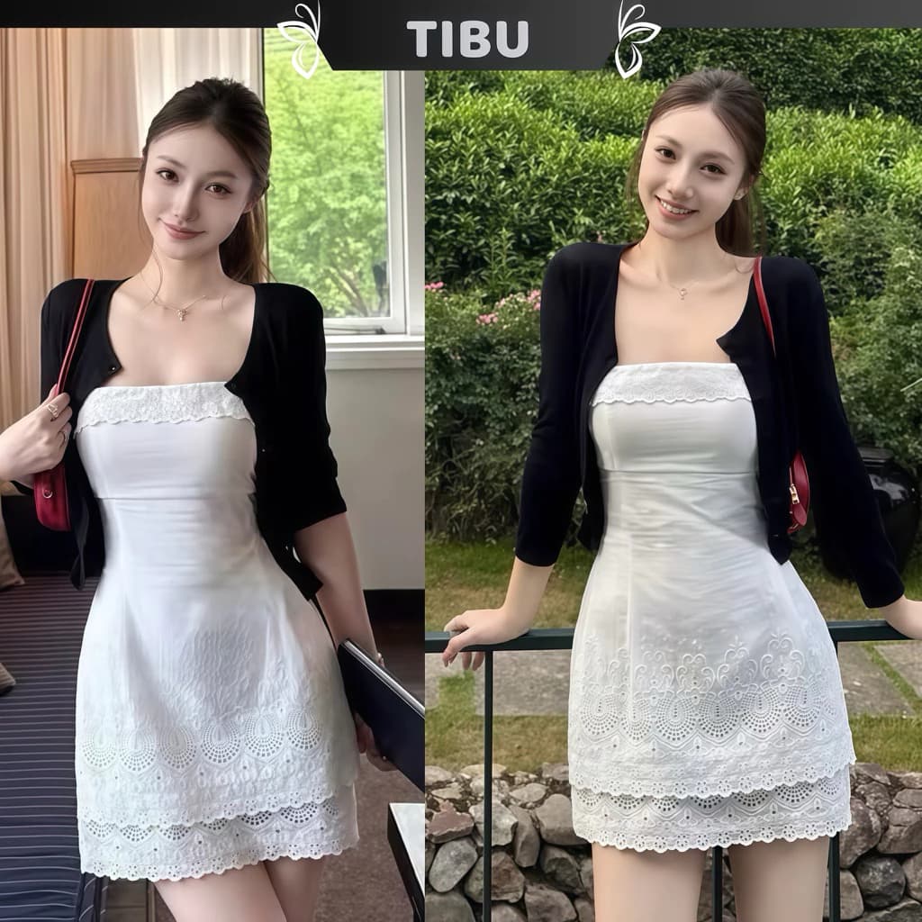 TIBU - Set Đầm Hai Dây Hoa Thêu Xếp Tầng Phối Cardigan Xinh Xắn Đi Chơi Dạo Phố Sang Chảnh B755