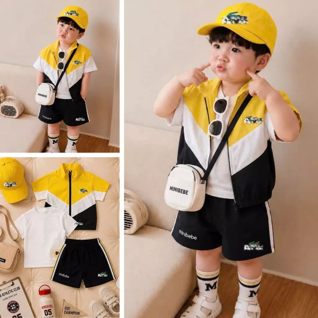 Set đồ cho bé trai 4 chi tiết, Set bộ quần áo gió phối áo cộc tay KÈM MŨ cho bé từ 9 đến 24kg