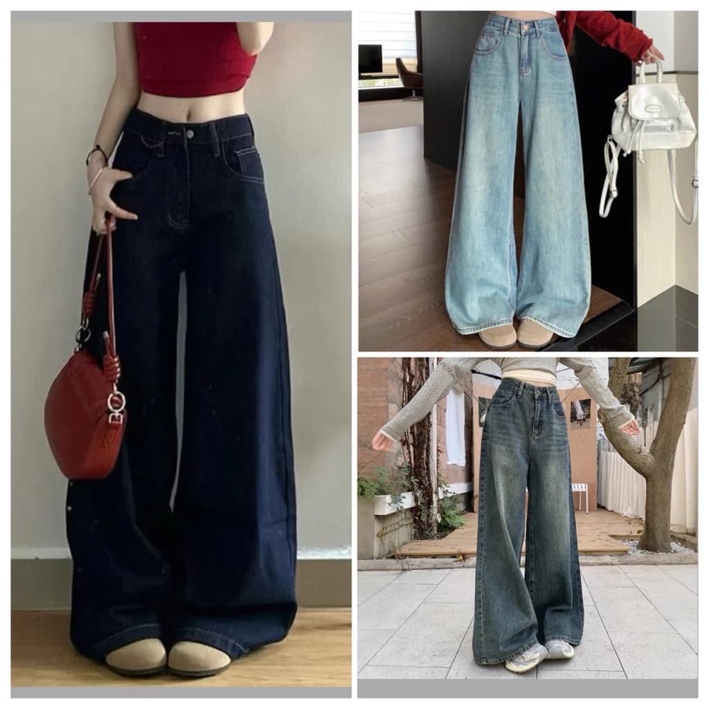 (Có dáng nấm) Quần jeans ống rộng trơn nhiều màu lưng cao form dáng đẹp