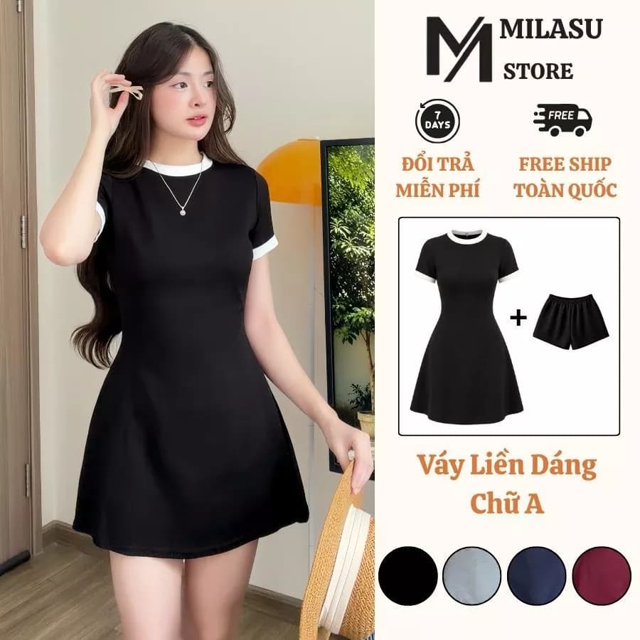 ( KÈM QUẦN ) Váy Nữ Cổ Tròn Cộc Tay Phối Viền Trắng Milasu Đầm Nữ Dáng Chữ A Xoè Chất Mềm Mịn 550