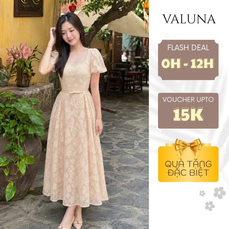Đầm ren hoa dáng dài cổ vuông tay phồng nữ phong cách tiểu thư thanh lịch VALUNA STORE 2701