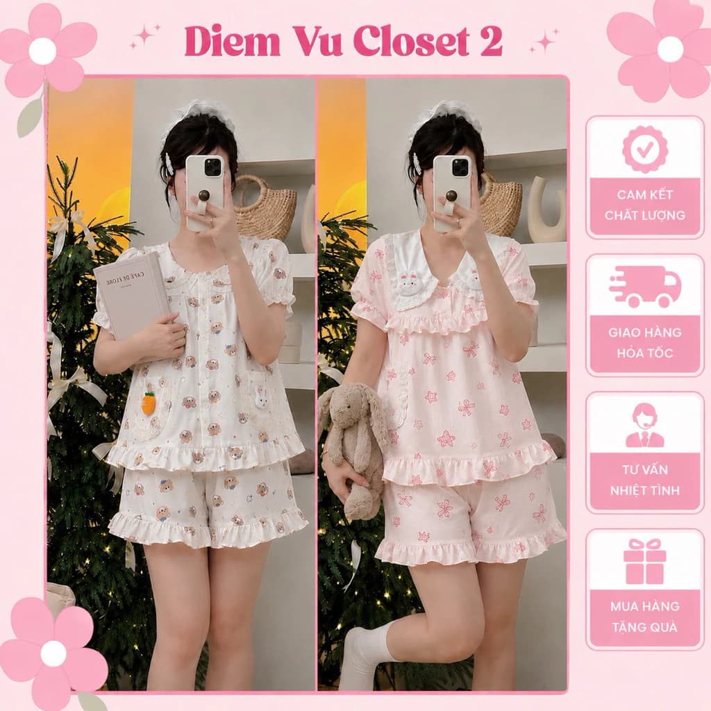 (HÌNH THẬT) Set pijama nữ tiểu thư chất đũi Hàn, bộ đồ ngủ/ đồ mặc nhà nữ form babydoll dễ thương