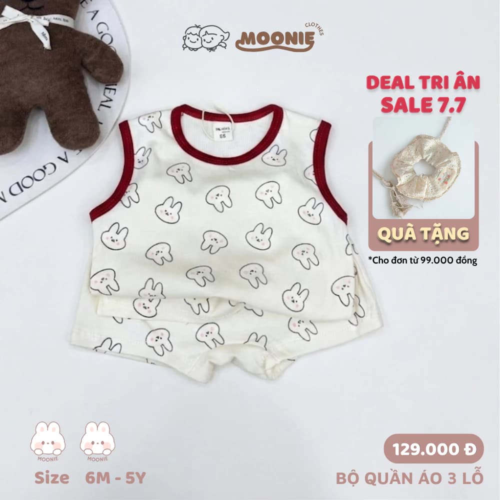 Set Sát Nách Moonie Cho Bé Trai Bé Gái Chất Cotton Co Giãn 4 Chiều Đồ Bộ Mặc Nhà Bộ ba Lỗ 6-16 kg