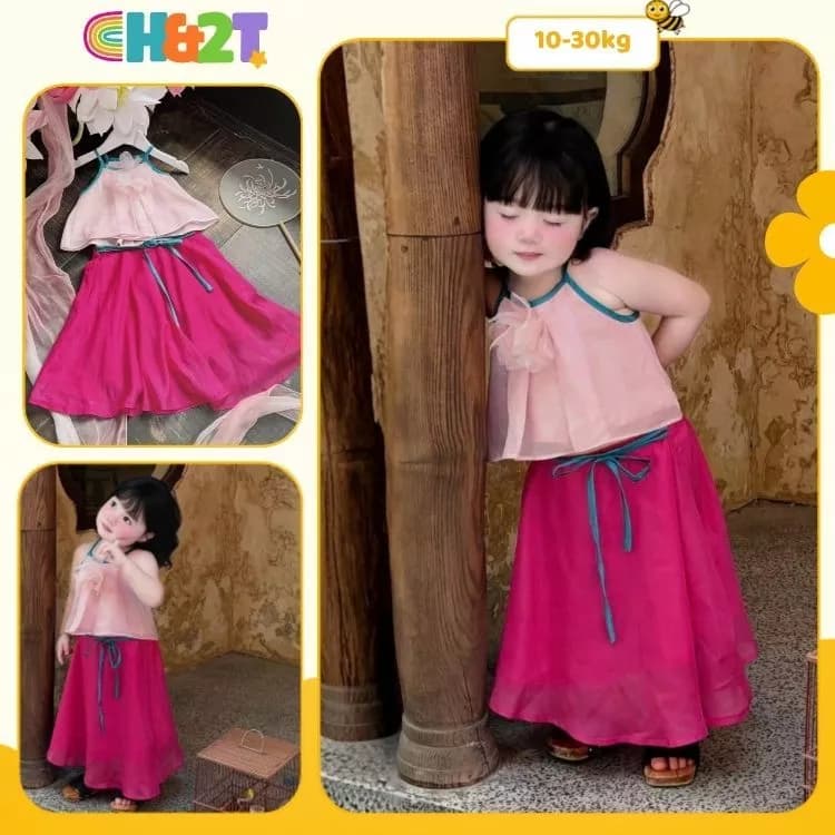 Set váy yếm Trung thu bé gái cổ yếm thêu hoa kèm chân váy dài thướt tha, bộ đồ lam đi chùa diện lễ cách tân H&2T - S33