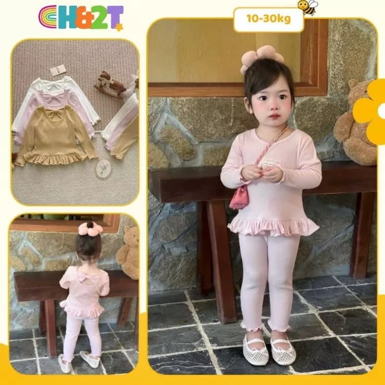 Bộ thun dài tay bé gái chất thun lạnh phối bèo, đồ bộ mặc nhà ngủ dài tay thu đông cho bé H&2T - S5