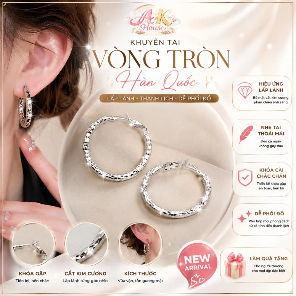 Khuyên Tai Vòng Tròn Nữ Hàn Quốc AK House Bông Tai Hoop Ánh Bạc Cắt Kim Cương Lấp Lánh Dễ Phối Đồ