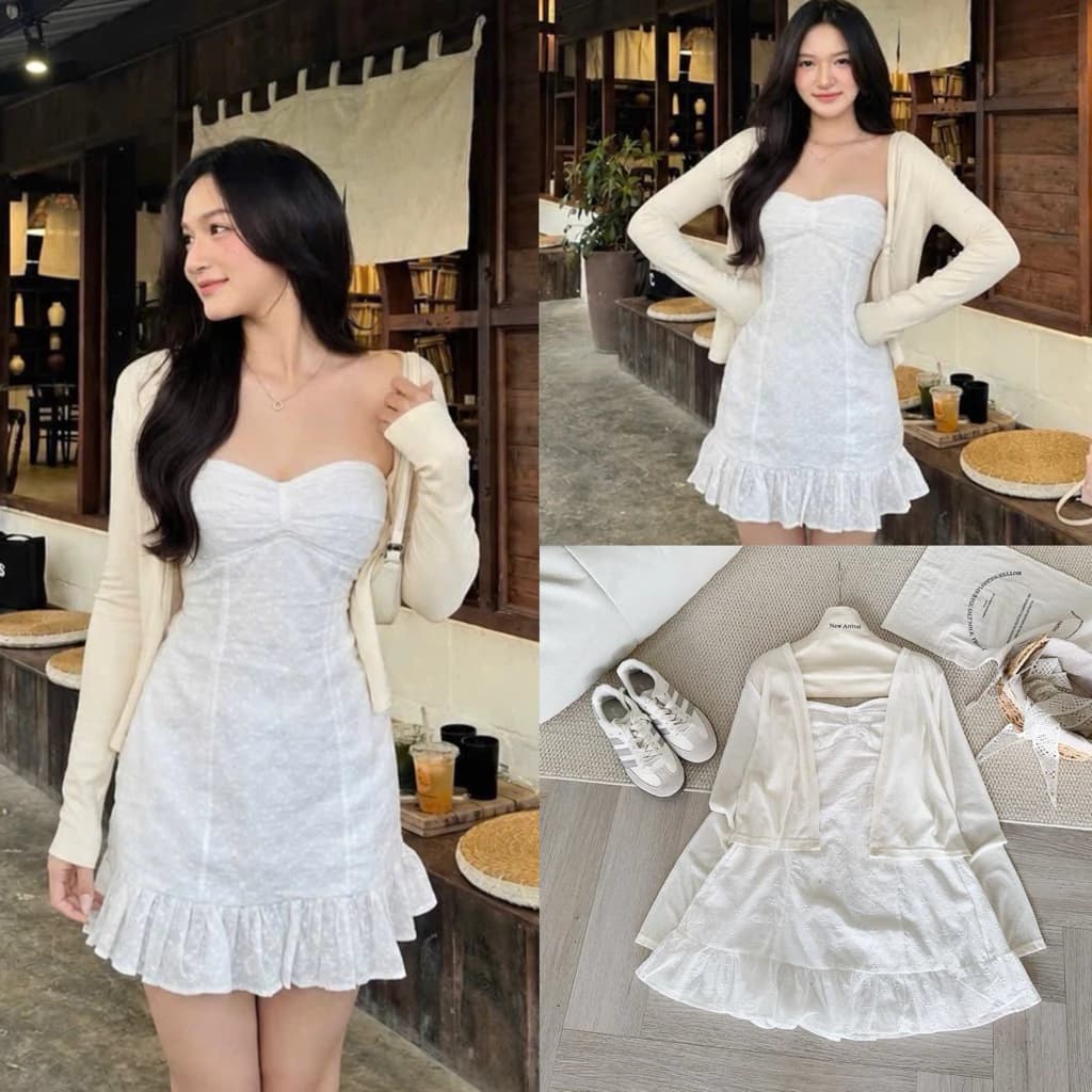[Hàng Loại 1] Set váy quây cup ngực thô boi thêu hoa đuôi cá kèm áo khoác cardigan mỏng - A6571