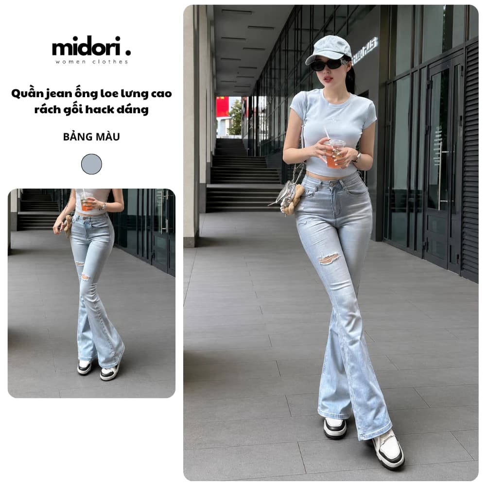 Quần jean nữ ống loe cạp cao co dãn thoải mái Midori Shop Quần bò loe rách chất denim mềm S038