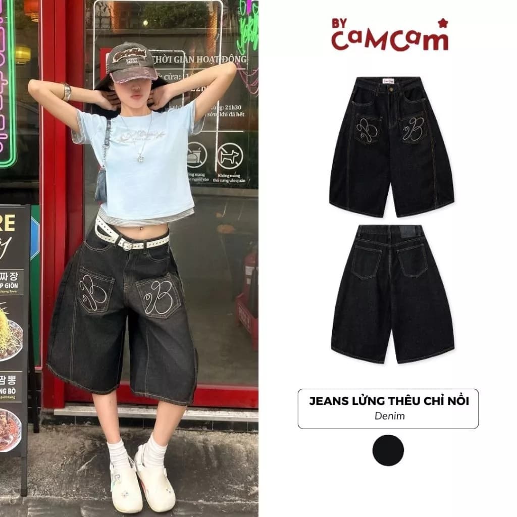 Quần Jeans Lửng Thêu Túi Trước 𝑩𝒚𝒄𝒂𝒎𝒄𝒂𝒎 Ống Rộng Unisex Nam Nữ QTL289