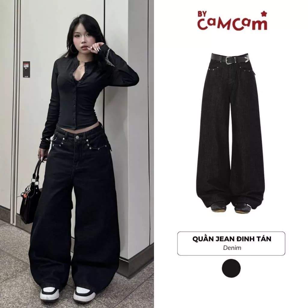 Quần Jean Đinh Tán Ống Đứng 𝑩𝒚𝒄𝒂𝒎𝒄𝒂𝒎 Chất Liệu Denim Dày Dặn Tôn Dáng QTD401