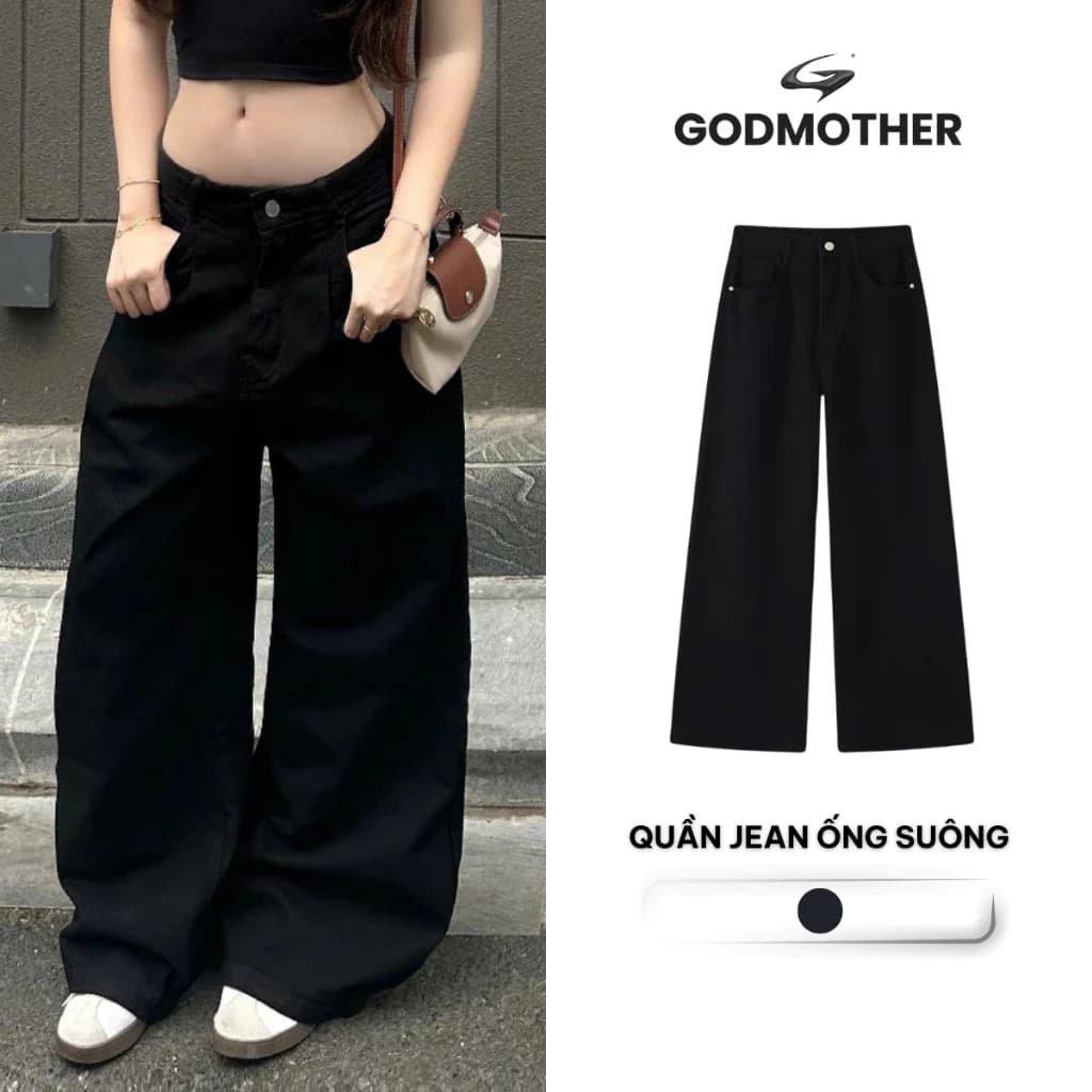Quần Jean Đen Form Suông Rộng GODMOTHER Quần Jean Cạp Trễ Ống Suông Nam Nữ Unisex Thoải Mái