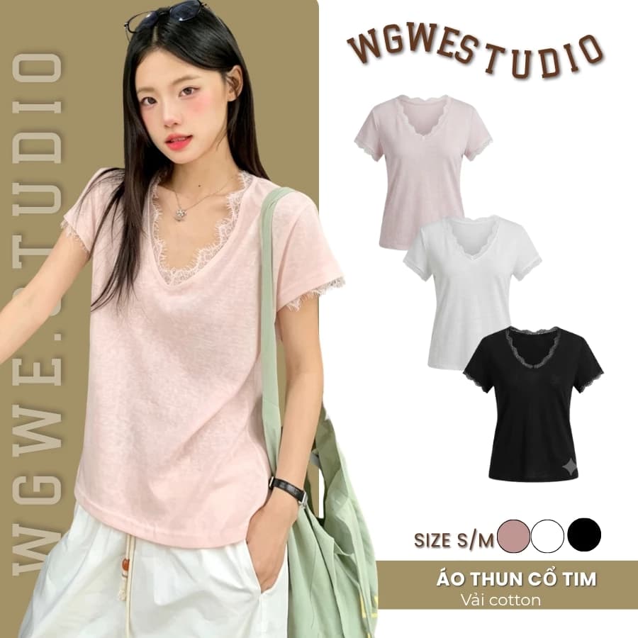 WGWE Studio Áo Thun Nữ Chất Thun Giấy Cổ Tim Viền Ren Basic Tay Ngắn Form Vừa Thanh Lịch 9873