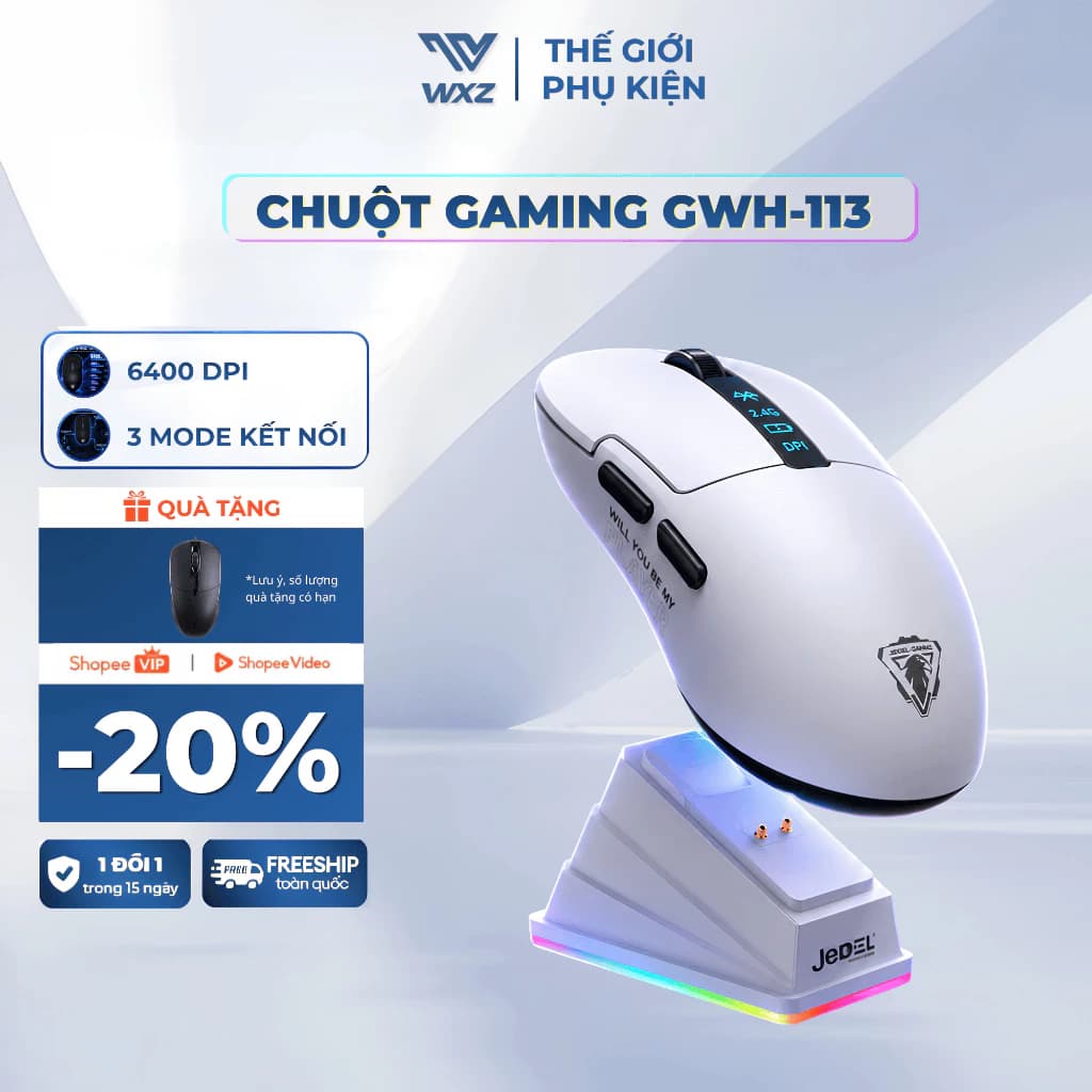 Chuột Gaming JEDEL GWH-113 Không Dây 6400 DPI 3 Mode - Cảm Biến PAW3395, Dock Sạc LED RGB