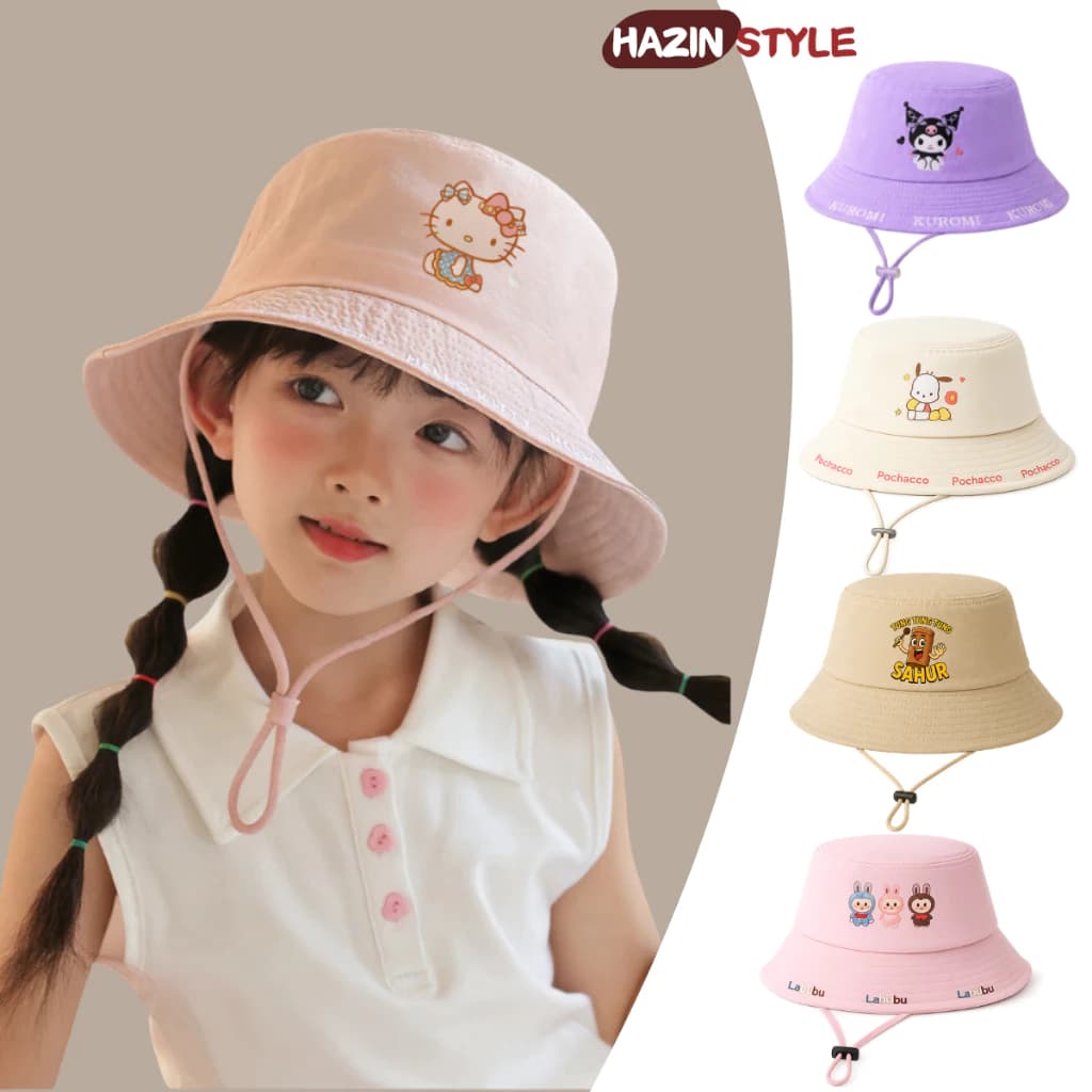 Mũ Bucket Trẻ Em Có Dây 3-10 Tuổi, Mũ Tai Bèo Bé Trai Bé Gái Thêu Hoạt Hình Dễ Thương Vành Rộng