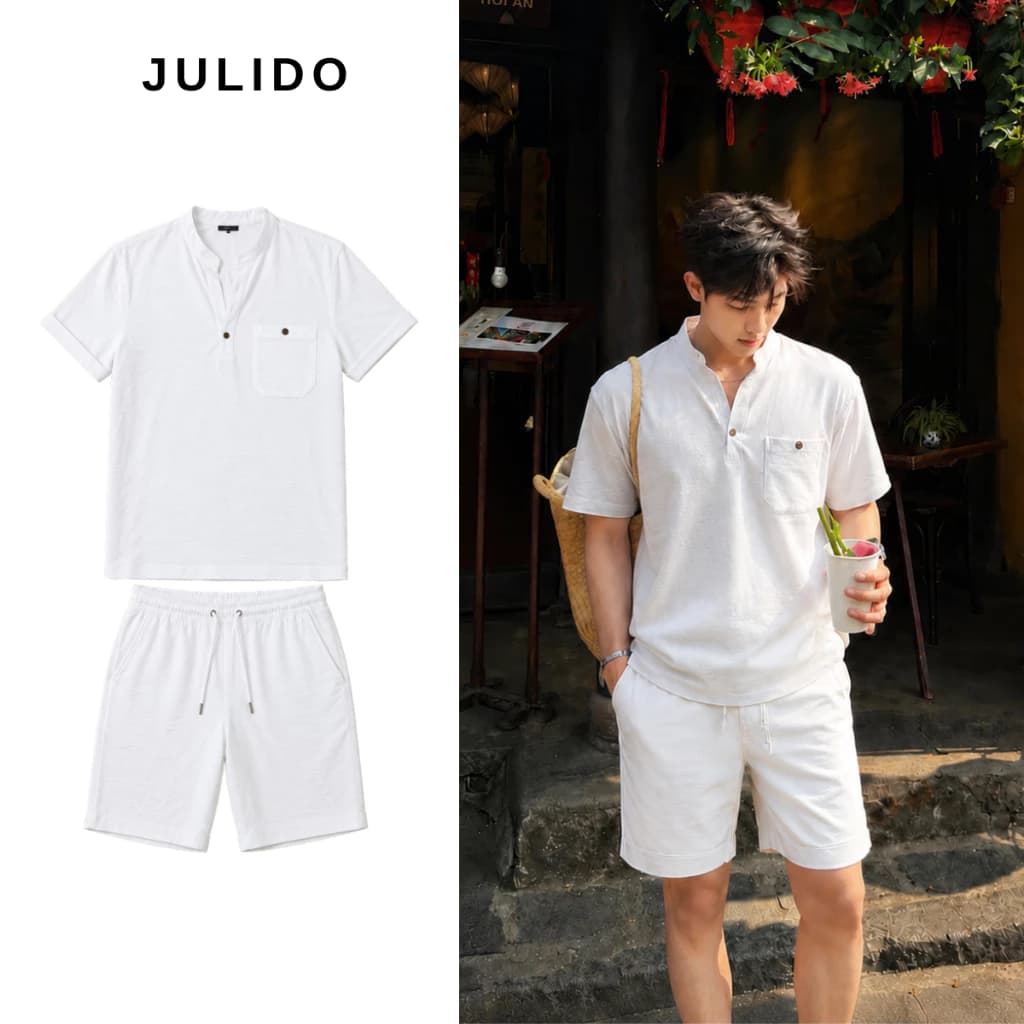 Set Đồ Bộ Nam Tay Ngắn Cổ Tàu Chất Đũi Vân Mây Julido Form Vừa Phong Cách Hàn Quốc Đi Biển Đi Chơi
