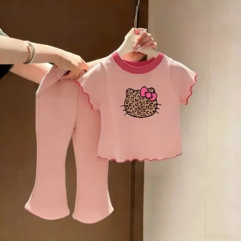 Set bộ Mèo Báo quần dài áo cộc quần ống loe dễ thương bé gái 8-18kg