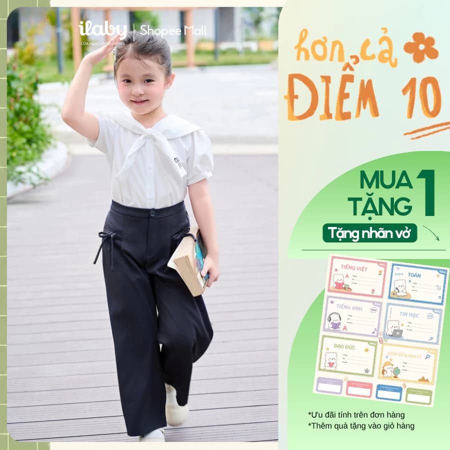 [GIẢM 30% LIVESTREAM] Quần áo đi học bé gái ILABY, áo sơ mi trắng cổ thủy thủ và quần dài suông [3221+3286]