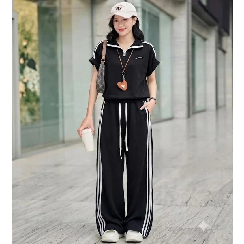 Bộ Đồ Thể Thao Nữ Polo Phối Sọc, Áo Cổ Bẻ Tay Lỡ + Quần Dài Ống Rộng Form Suông Chất Umi Hàn TX21