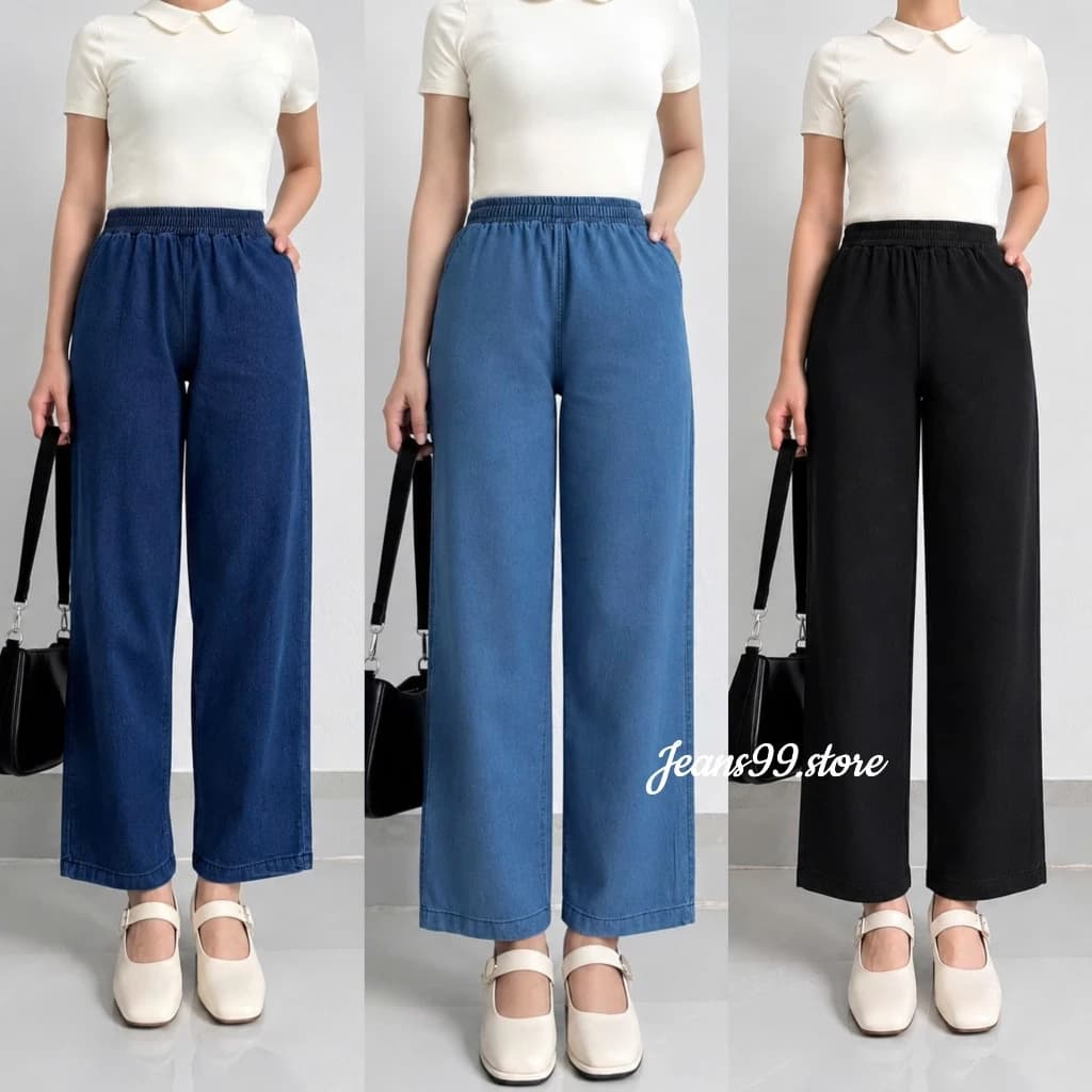 Quần Jeans Nữ Ống Suông Lưng Thun - Quần Bò Giấy Dáng Rộng Cạp Cao Hàn Quốc Thoáng Mát Che Khuyết Điểm