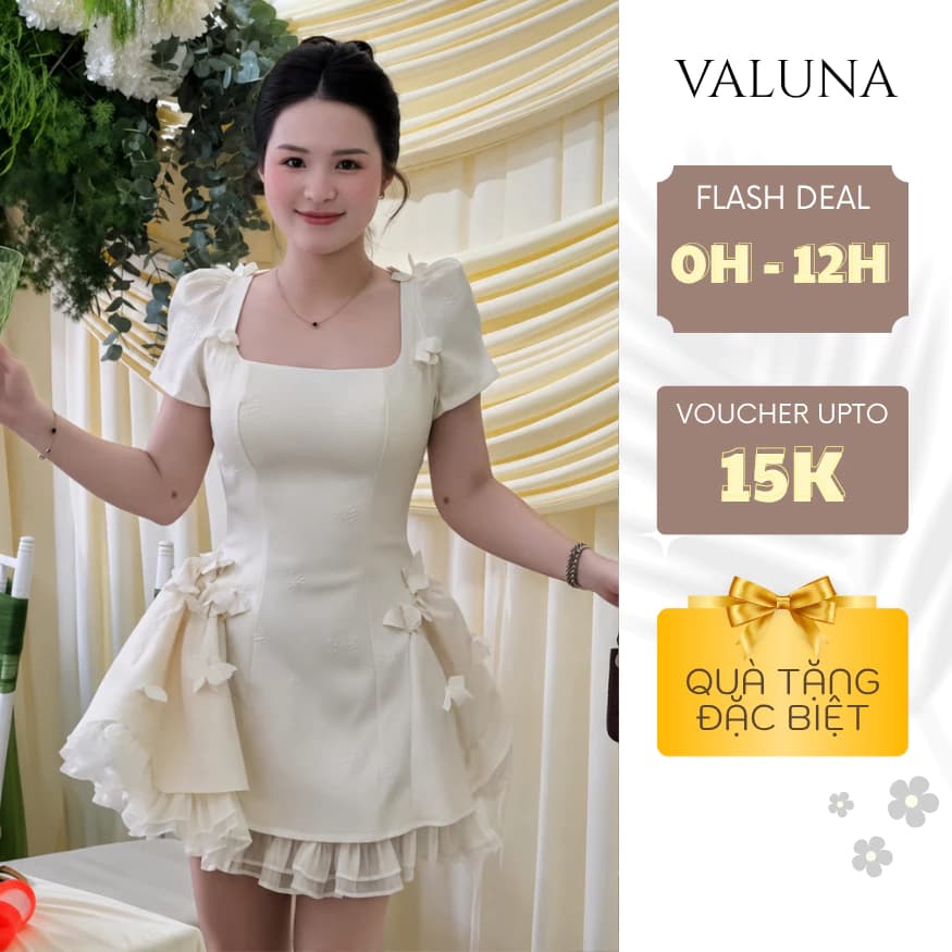 Đầm nữ tay phồng cổ vuông dáng xòe đính nơ cao cấp tiểu thư mặc tiệc sang trọng VALUNA STORE 2703