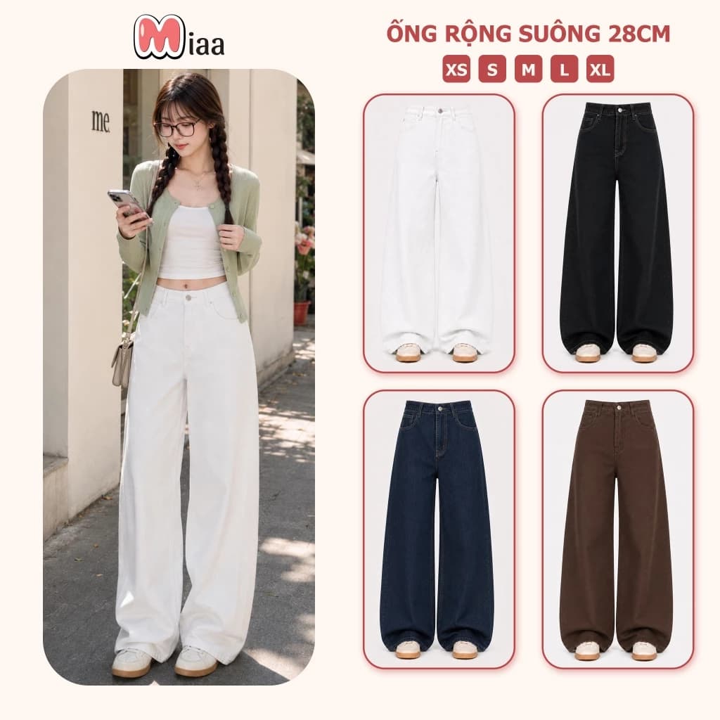 Quần Jeans Trắng ống suông MIAA nhiều màu tôn dáng form unisex nam nữ Chất Vải Jeans Cao Cấp màu Trắng và Nâu