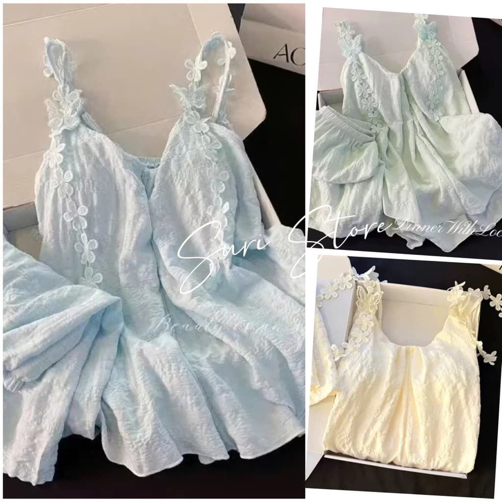 [Sẵn] Bộ Ngủ Nữ 2 Dây Hoa Thêu Có Đệm Ngực Mềm Mát | Pijama Dáng Rộng Kèm Quần Short Lưng Thun Dễ Thương Màu Xanh & Kem
