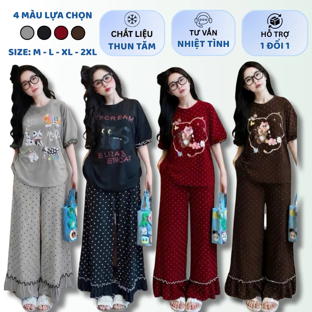 MÃ 04 : SÉT BỘ NỮ ,SÉT THUN NỮ BIGSIZE ,SÉT DÀI SUÔNG CHẤM  BI BÈO IN MÈO TIỂU THƯ 2 MÀU ĐEN,XÁM THUN CO GIÃN