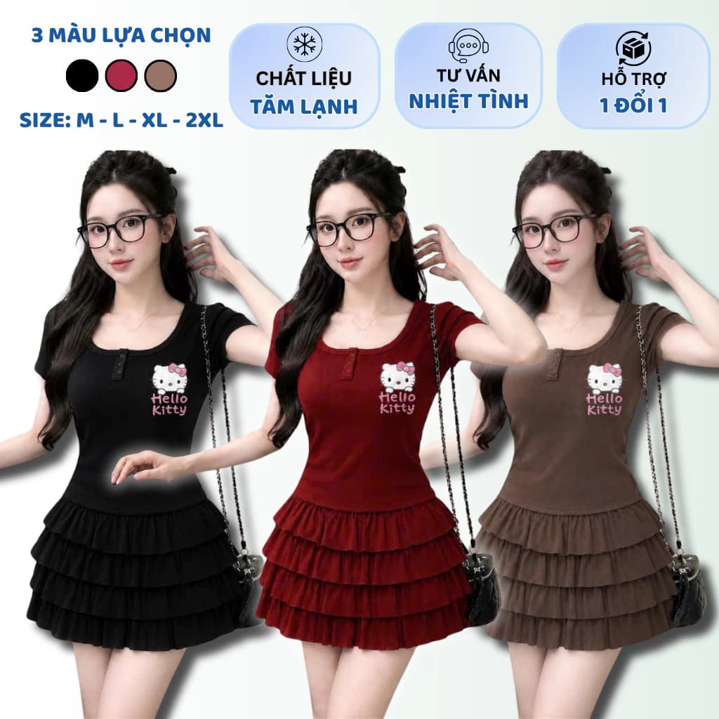 SÉT Váy ,sét bigsize,SÉT NỮ VÁY (KÈM QUẦN BẢO HỘ BO CHUN ) PHỐI VÁY TẦNG IN HÌNH MÈO KITYY ÁO PHỐI NÚT THUN TĂM CO GIÃN