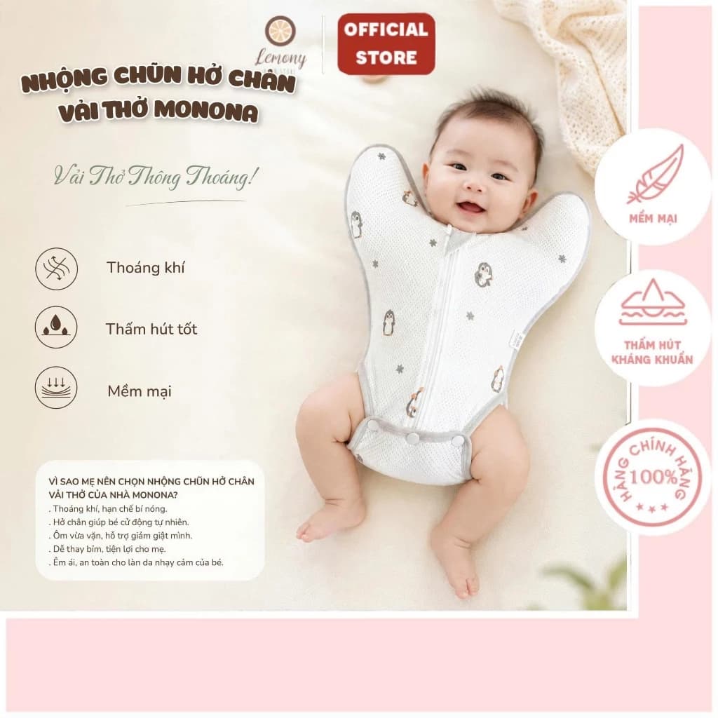 Nhộng chũn cho bé sơ sinh ngủ ngon, giảm giật mình Monona - Vải thở/Petit cao cấp