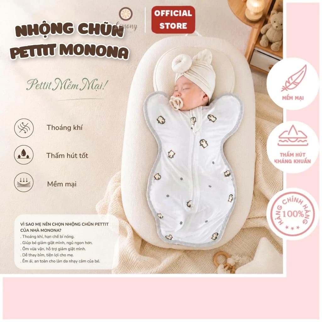 Nhộng cho bé chất liệu vải petit co giãn 4 chiều siêu mềm, thoáng khí