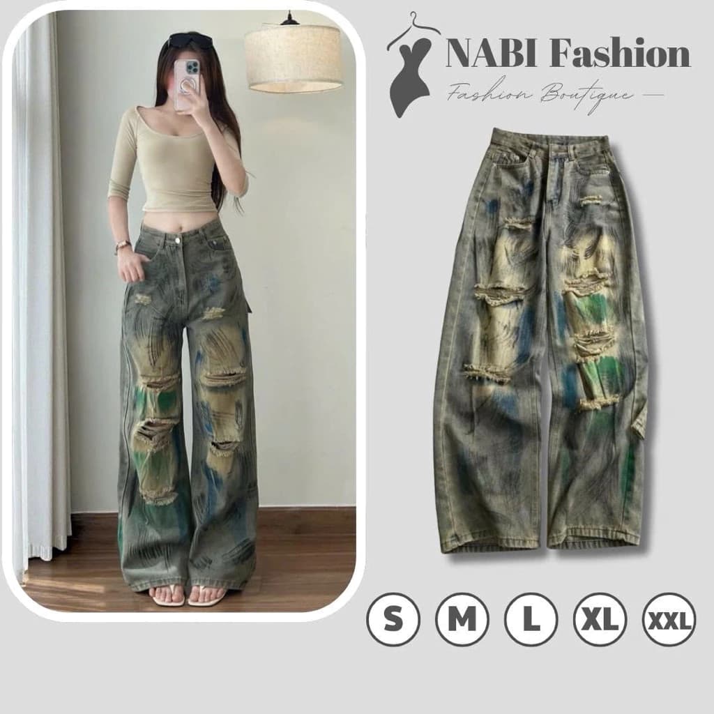Quần Jean Ống Rộng Nữ NABI Fashion Mau Full Sơn Dễ Mix Đồ Quần Bò Ống Suông Chất Jean Mền Mịn Ôm Eo Dài Dáng Đứng