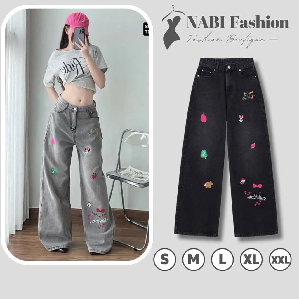 Quần Jean Suông Thêu Hellokitty Quần Bò Ống Rộng Nữ Kiểu Phong Cách Hiphop Trẻ Trung NB5918-5917  NABI Fashion