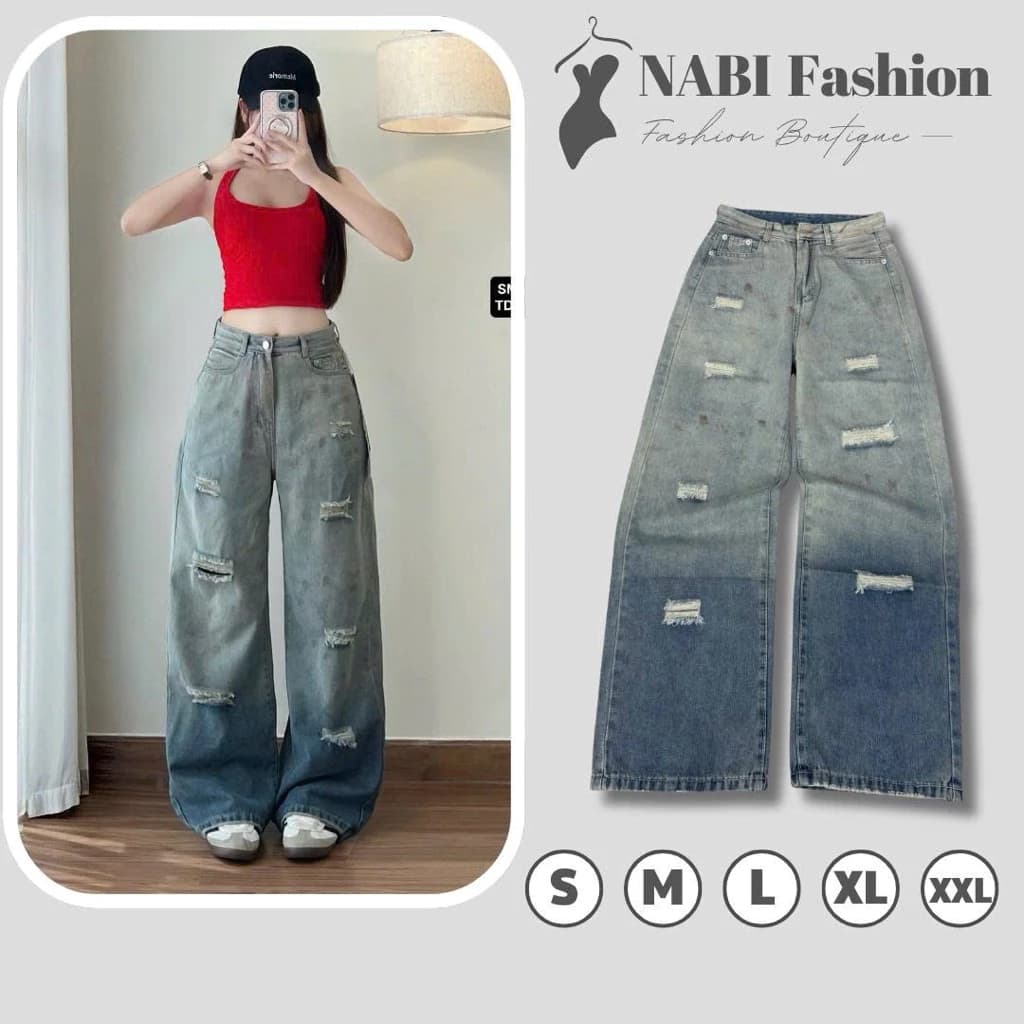Quần jean Ống Suông Nữ NABI Fashionn wash Hai Màu Hottrend Quần Bò Ống Rộng Chất Jean Mền Mịn Sang Đẹp