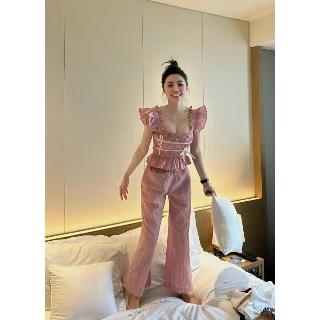 Đồ bộ nữ đồ mặc nhà, đồ ngủ nữ dễ thương đũi karo dạo phố