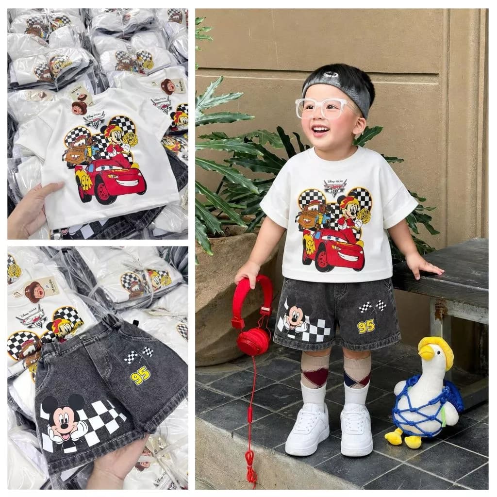 Bộ cộc tay bé trai, Set đồ bé trai hình ô tô mickey chất cotton mềm mịn [9-24kg]