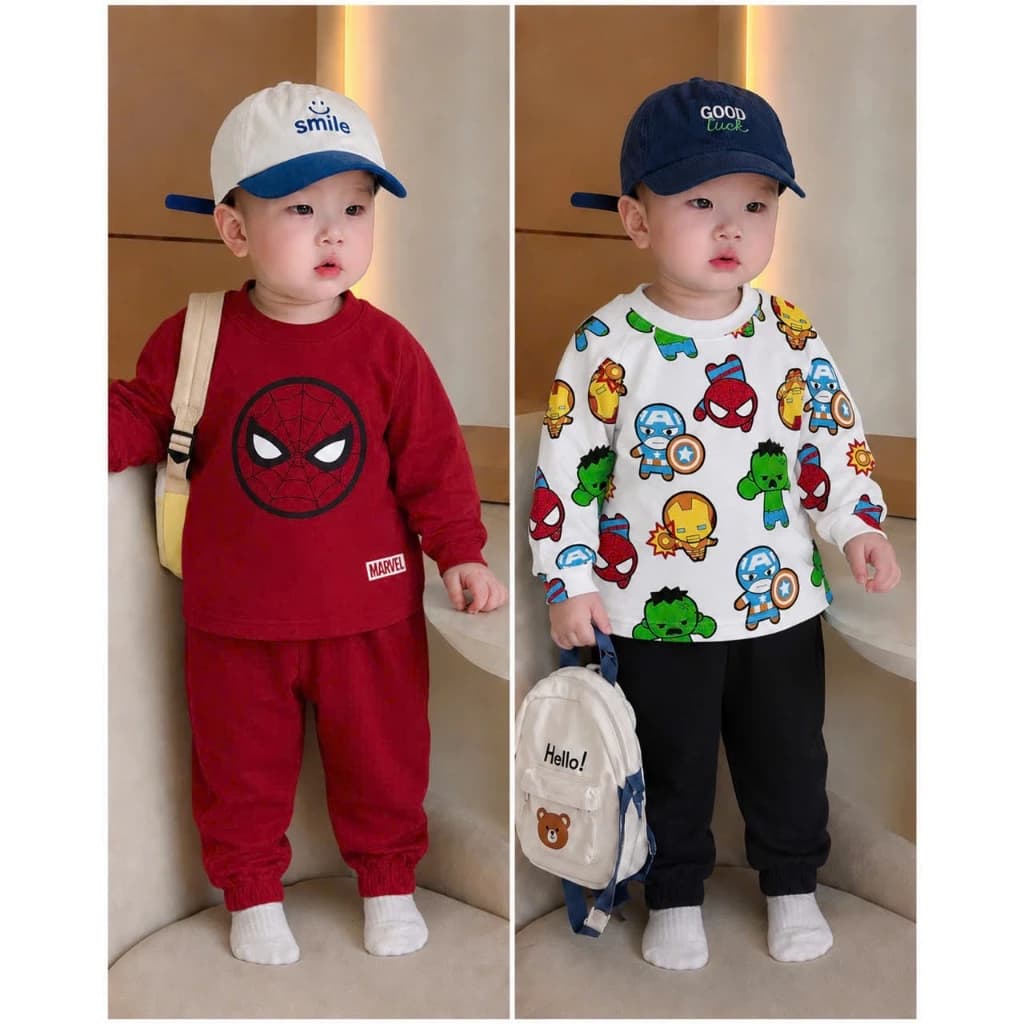 Bộ thu đông bé trai, Bộ quần áo bé trai dài tay siêu nhân nhện chất cotton mềm mịn dày dặn [9-24kg]