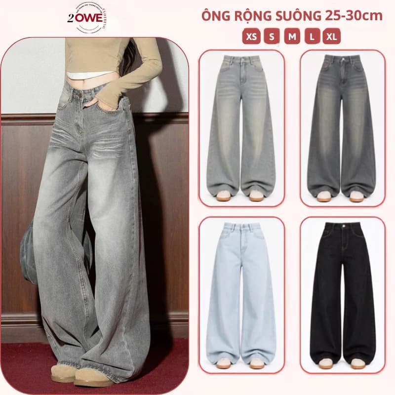 Quần Jean Nữ Mầu RETRO Ống Rộng Wash Vintage Dáng Suông Lưng Cao Phong Cách Ulzzang Hàn Quốc 2024