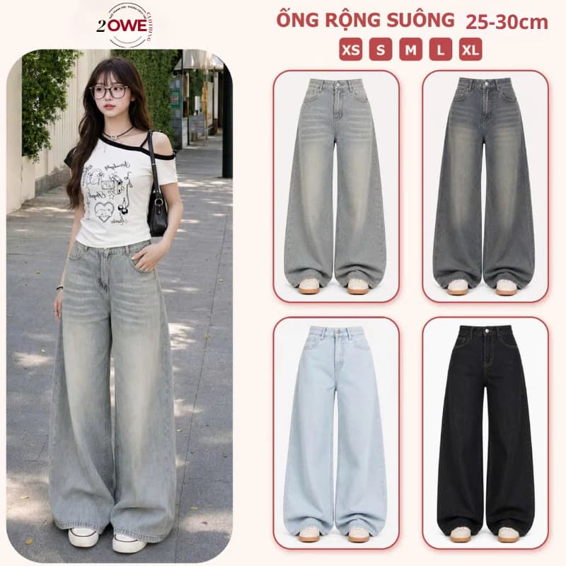 Quần Jean Nữ Mầu RETRO Ống Rộng Wash Vintage Dáng Suông Lưng Cao Phong Cách Ulzzang Hàn Quốc 2024