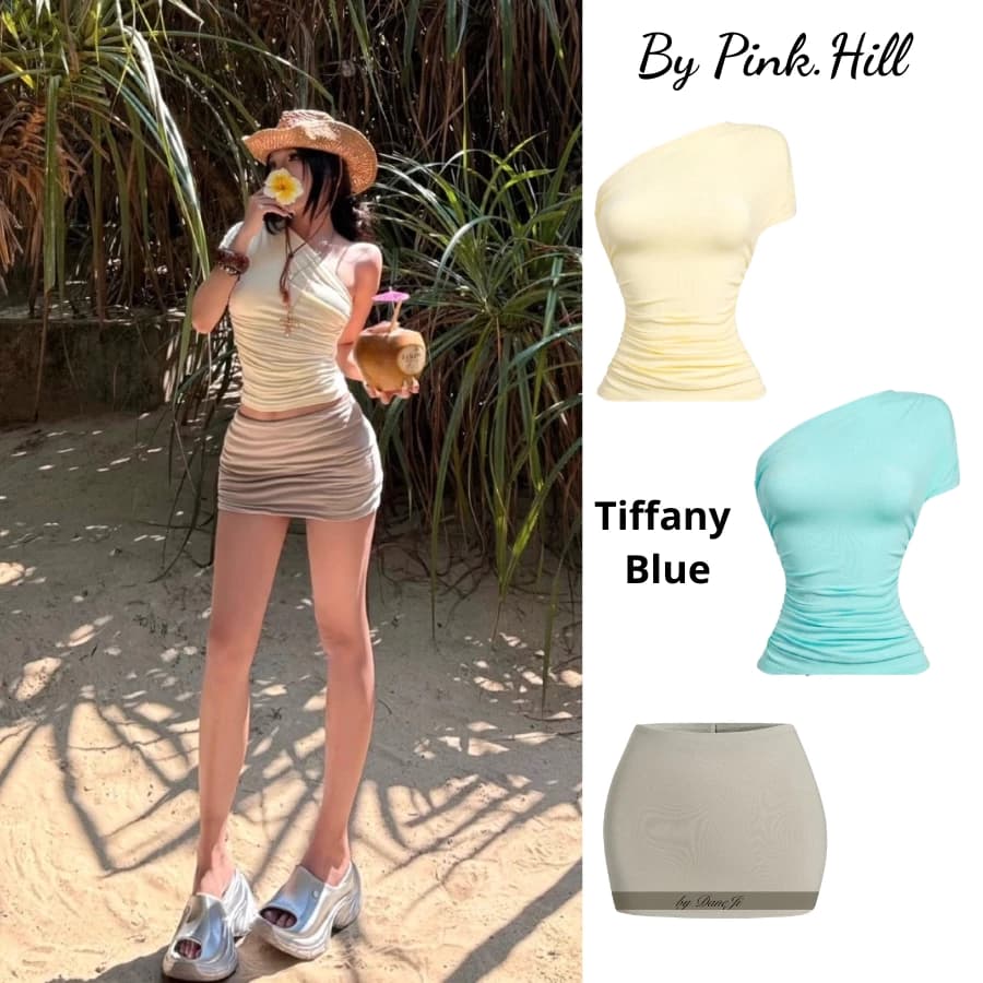 [ 𝐕𝐈𝐁𝐄 𝐒𝐔𝐌𝐅𝐈𝐓𝐒 ] Set áo thun lệch vai Slimfit DANEJI nhún eo - Chân váy mini skirt Sữa hạt xám pastel Hill